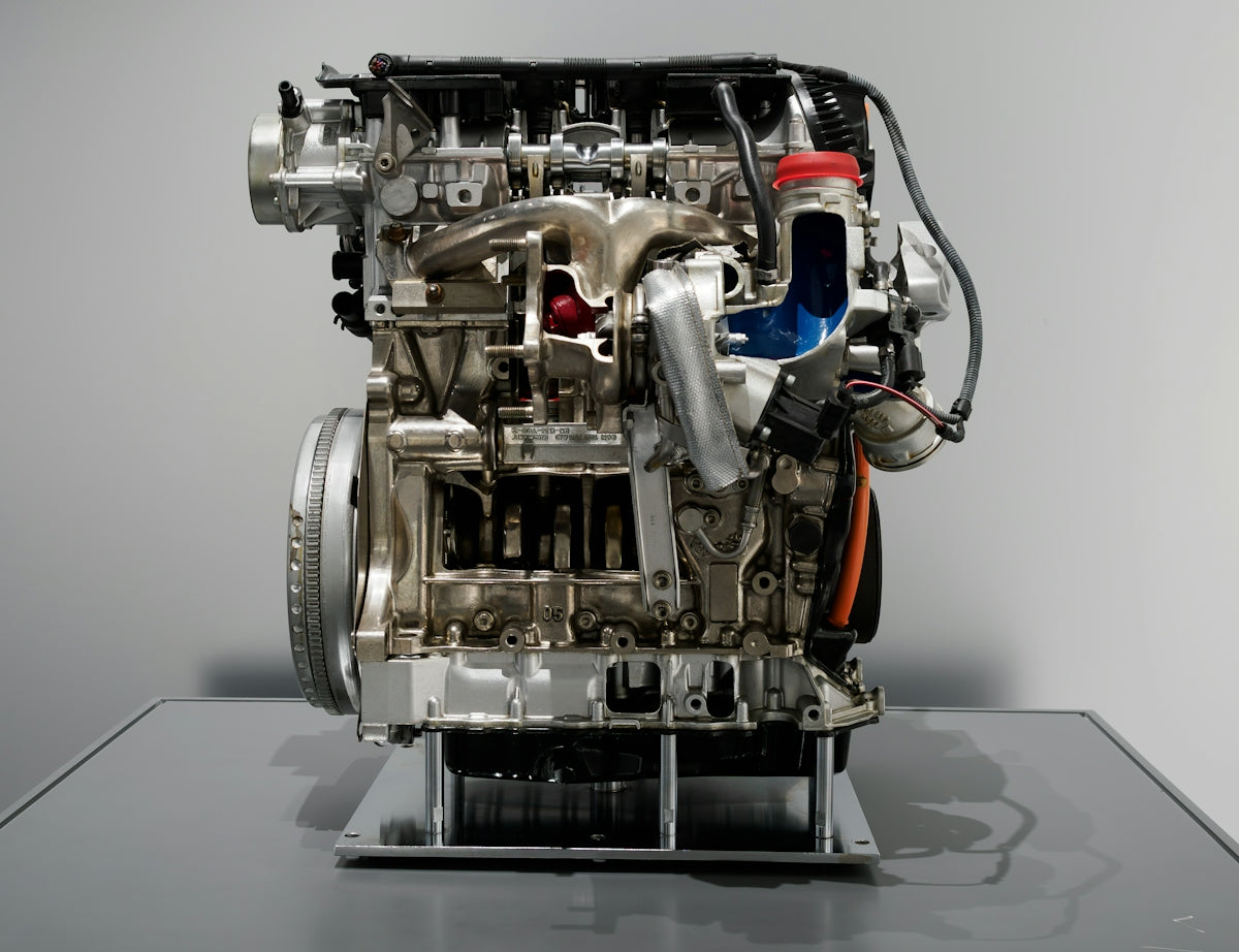 A cutaway view of a complex internal combustion engine