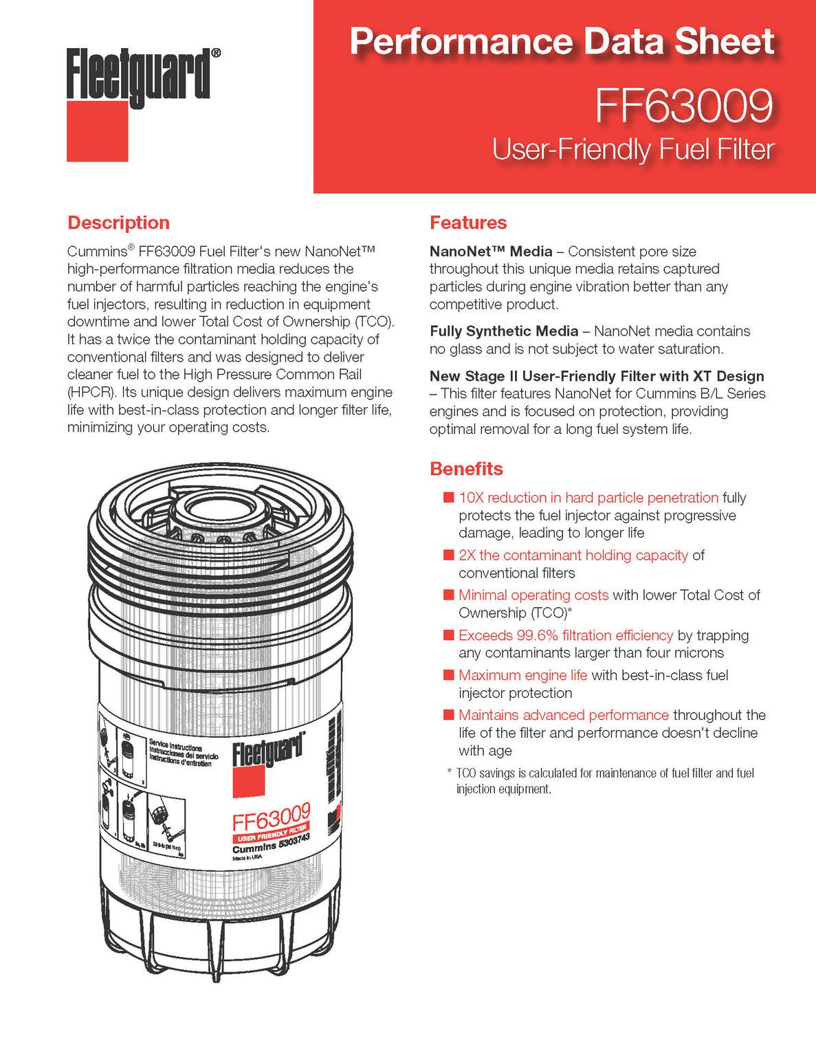 [FF63054NN/5660774]Fleetguard/Cummins Stage II diesel fuel Filter with XT Design. Featuring NanoNet for Cummins B/L Series Engines.(replaces FF63009(5303743)
