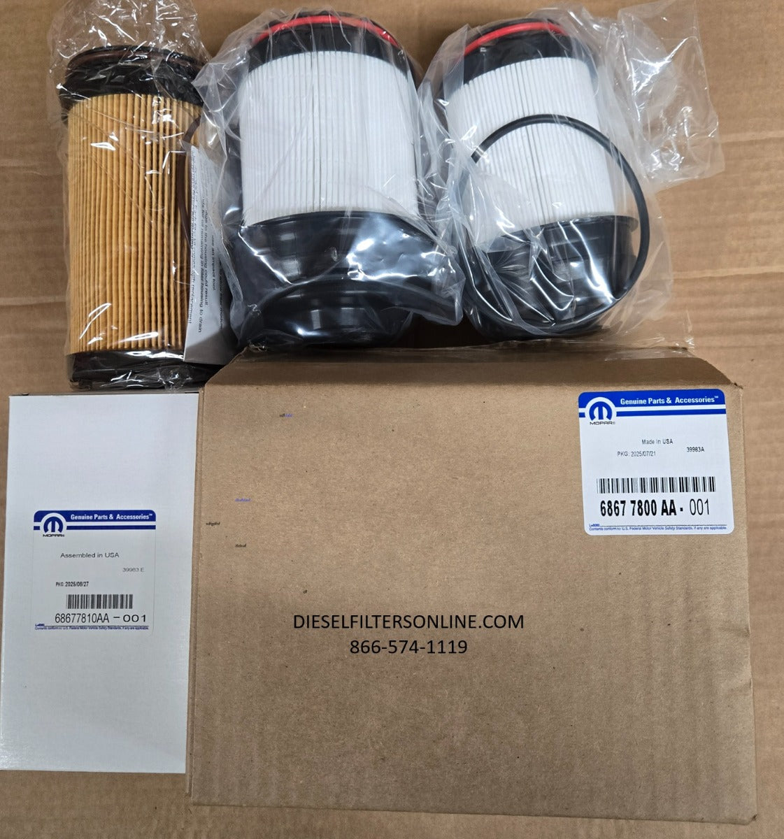 [68677800AA-68677810AA] Kit de filtro de combustible Mopar y 1 filtro de aceite para camioneta Ram 2500-5500 2025-26 con motor diésel de 6.7 litros