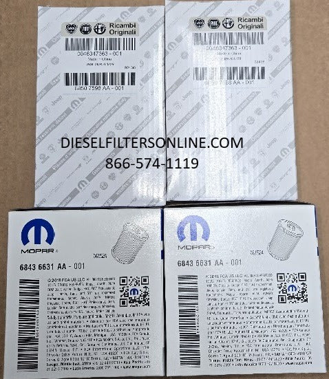 [68436631AA(x2)-68507598AA(x2)] 2020-23 Camioneta Ram 1500 con 3.0 Eco diesel 2 filtros de combustible Mopar, y 2 kits de filtro de aceite