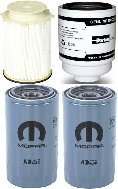 [68157291AA--PFF54529-05083285AA(x2)]Kit de filtro de combustible Mopar/Racor (contiene ambos filtros de combustible) y 2 filtros de aceite para camionetas Dodge HD 2013-18 con motor diésel de 6.7 litros