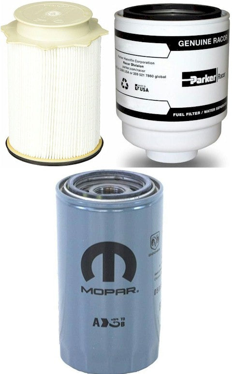 [68157291AA--PFF54529-05083285AA]Kit de filtros de combustible Mopar/Racor (ambos filtros de combustible) y 1 filtro de aceite para camioneta Dodge HD 2013-18 con motor diésel de 6.7 litros
