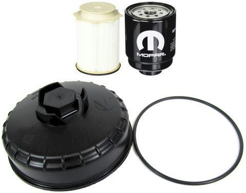 [68197867AB-68157291AA--68065612AA]Kit de filtro de combustible Mopar (ambos filtros de combustible) y tapa para camioneta Ram 2013-18 con diésel Cummins de 6.7 litros.