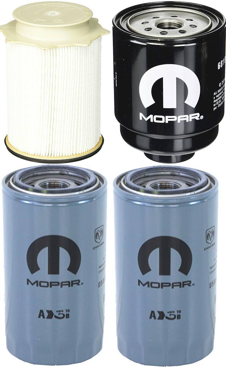 [68157291AA--68197867AB-05083285AA(x2)]Kit de filtro de combustible Mopar (contiene ambos filtros de combustible) y 2 filtros de aceite para camioneta Dodge HD 2013-18 con diésel de 6.7 litros