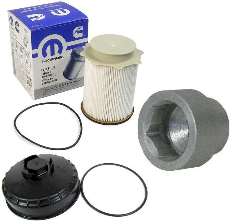 [68157291AA--68065612AA-13290]Filtro de combustible diésel Mopar/Ram/Dodge 2010-22 Ram 6.7 litros, tapa del filtro y dado.