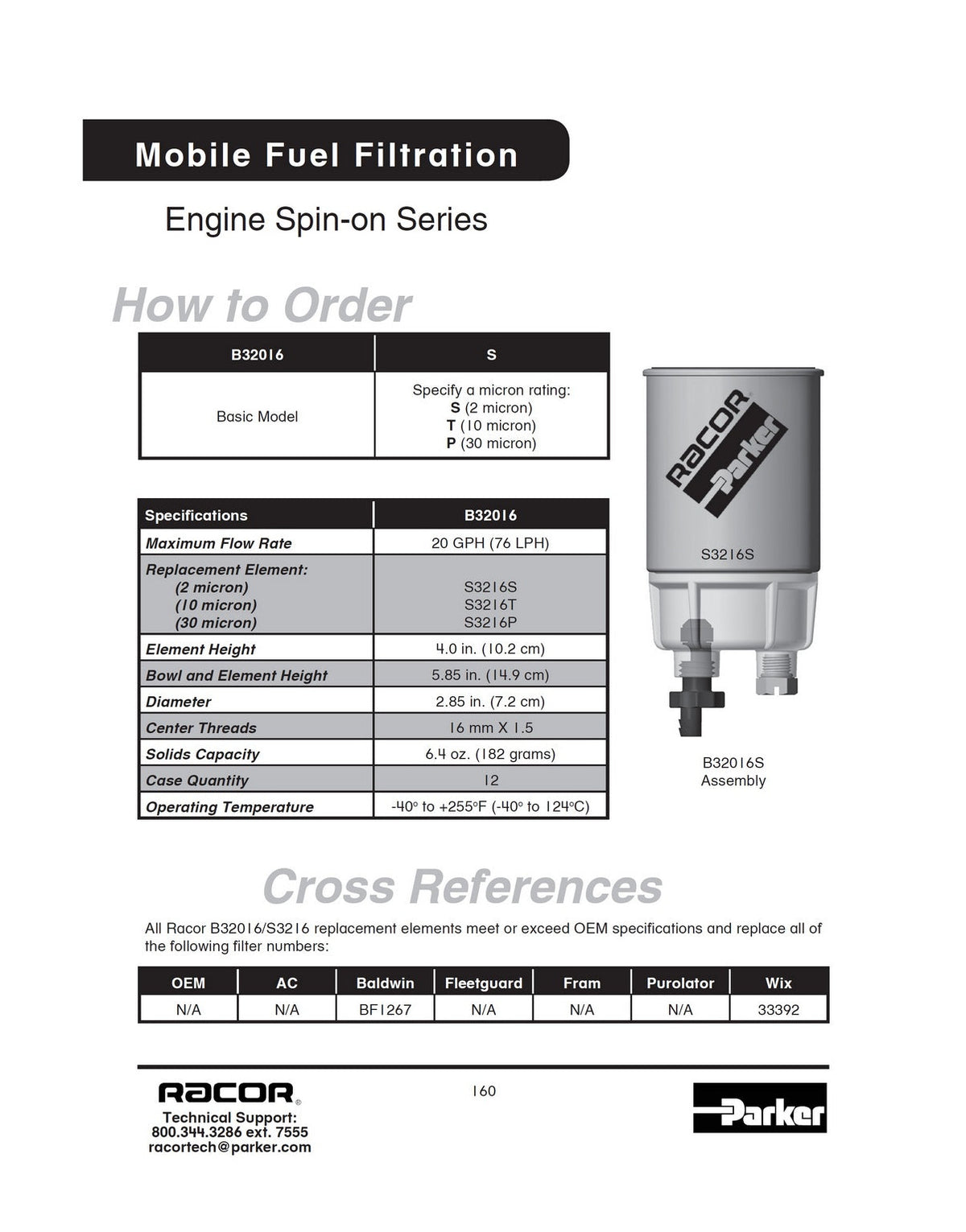 [B32016S]Filtro/separador de combustible atornillable Parker Racor SPIN-ON- 2 micras
