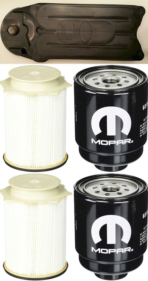 [68197867AB(x2)-68157291AA(x2)-CV52001]Kit de filtro de combustible Mopar para camioneta Ram 2013-18 con motor diésel de 6.7 litros (ambos filtros de combustible)x2 y filtro Fleetguard CCV