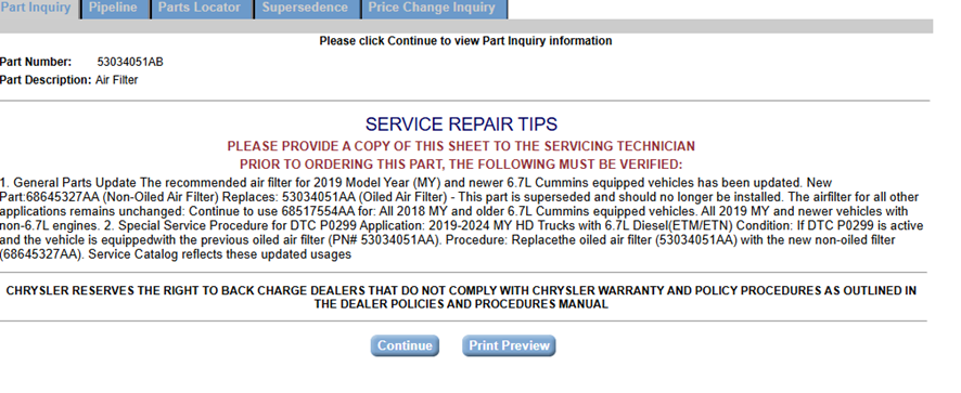 [68645327AA]Chrysler/Mopar air filter 2025-Current Ram truck with 6.7 liter diesel