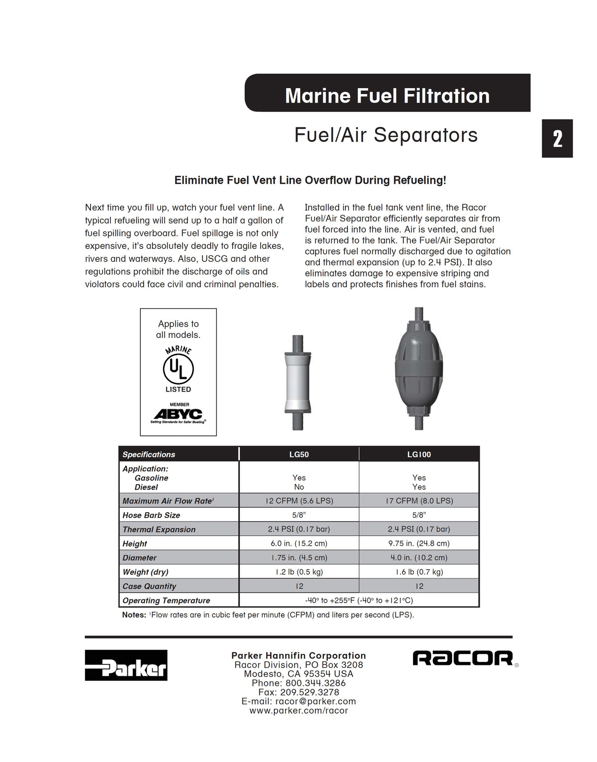 [LG50]Parker Racor LIFEGUARD SEPARADOR DE COMBUSTIBLE/AIRE- GASOLINA