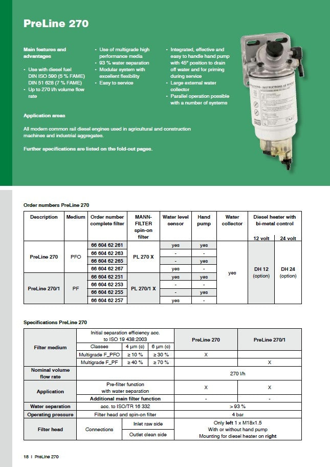 [6660462261]Conjunto de filtro de combustible Mann and Hummel Preline 270. Incluye sensor de nivel de agua y bomba manual.