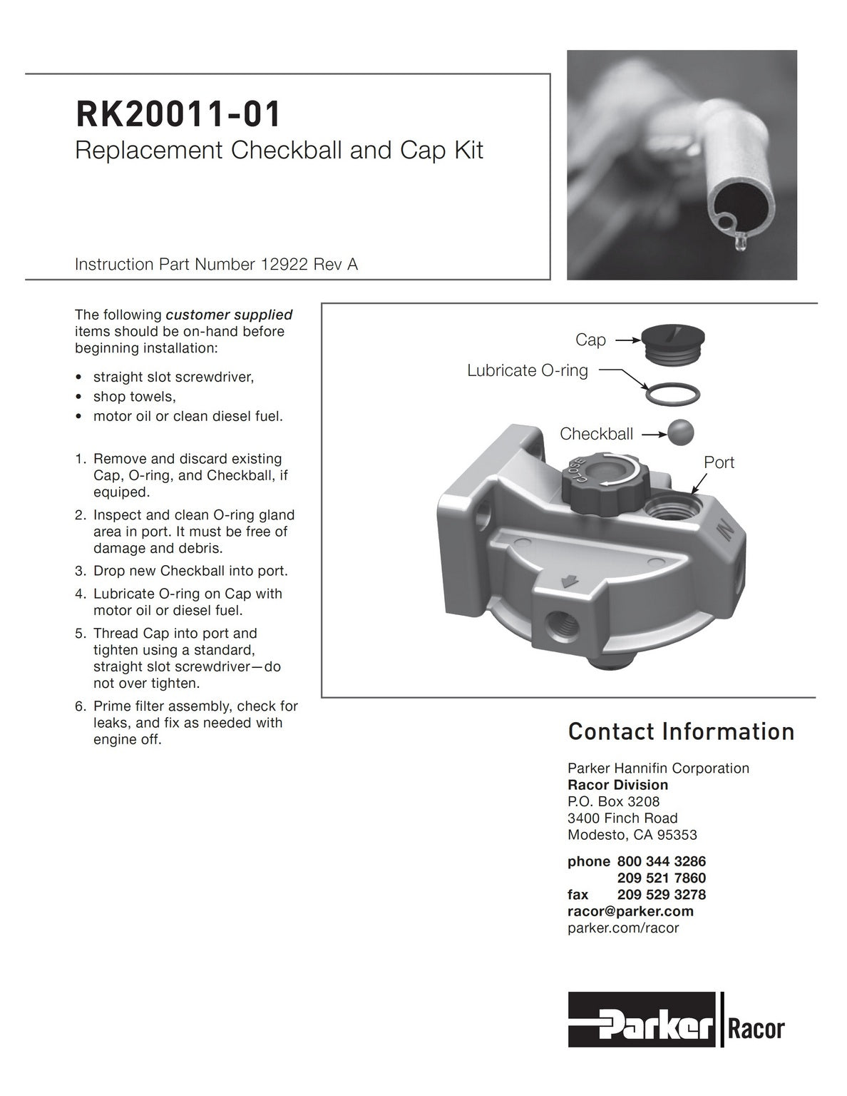 [RK20011-01]Racor REPL KIT- CHECK BALL CAP ASSY