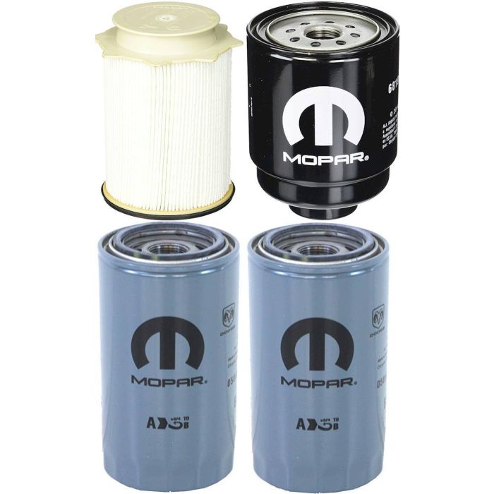 [68157291AA--68197867AB-05083285AA(x2)]Mopar fuel filter Kit(Contains both fuel fitlers) and 2 oil filters 2013-18 Dodge HD truck with 6.7 liter diesel